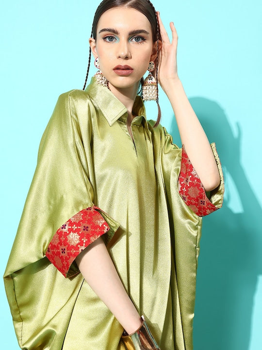 InWeave Women's Olive Red Brocade Satin Boho Kurta Palazzo Set - Swadesiicart