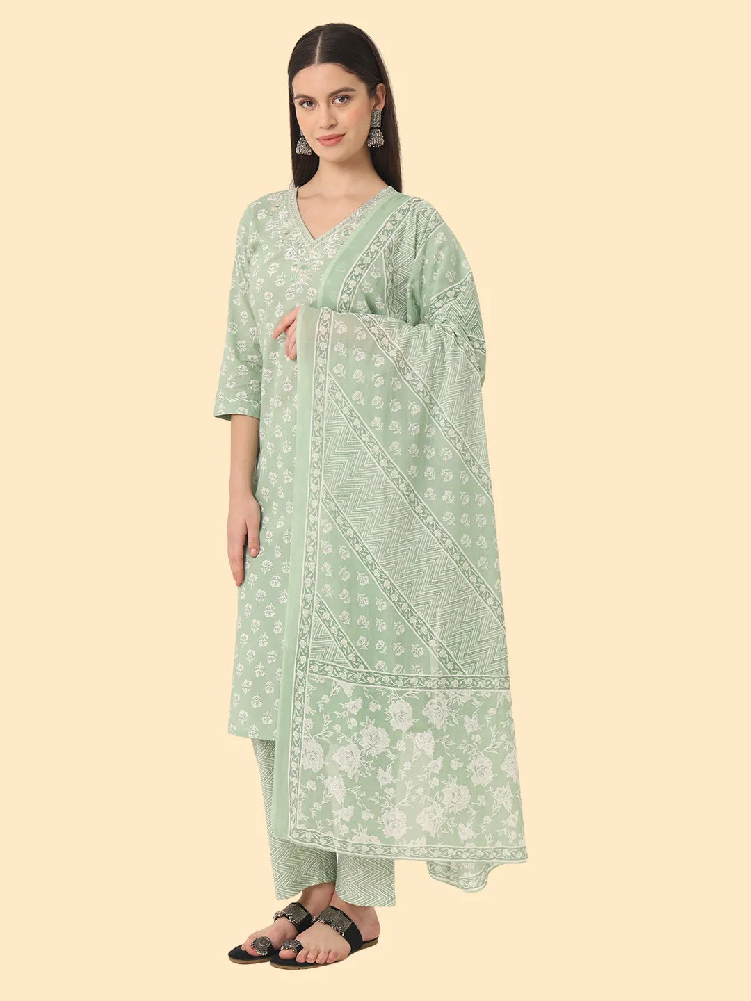 Yufta Green Ethnic Motifs Embroidered Regular Chikankari Pure Cotton Kurta with Trousers & With Dupatta | Swadesiicart