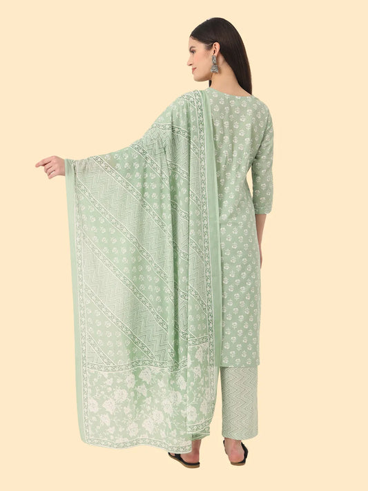 Yufta Green Ethnic Motifs Embroidered Regular Chikankari Pure Cotton Kurta with Trousers & With Dupatta | Swadesiicart