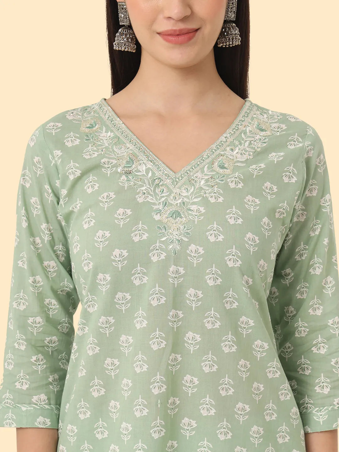 Yufta Green Ethnic Motifs Embroidered Regular Chikankari Pure Cotton Kurta with Trousers & With Dupatta | Swadesiicart