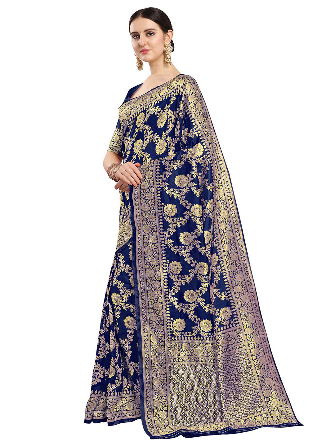 Kalini Navy Blue & Gold-Toned Woven Design Zari Silk Blend Fusion Banarasi Saree | Swadesiicart