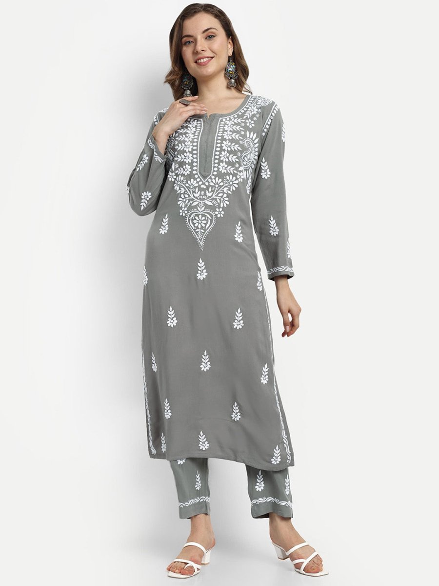ADA Ethnic Motifs Embroidered Lucknowi Chikankari Kurta with Trousers | Swadesiicart