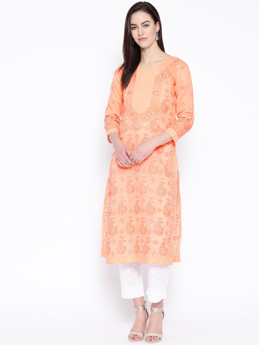 ADA Women Peach-Coloured & White Chikankari Embroidered Sustainable Handloom Kurta with Trousers | Swadesiicart