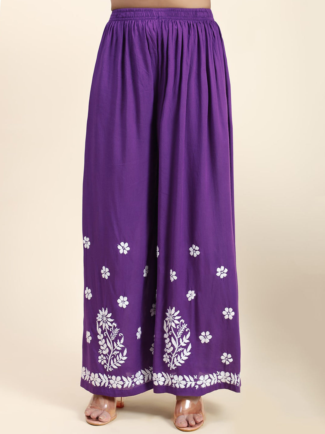 HOUSE OF KARI Women Purple Floral Embroidered Chikankari Pure Cotton Kurta with Palazzos | Swadesiicart