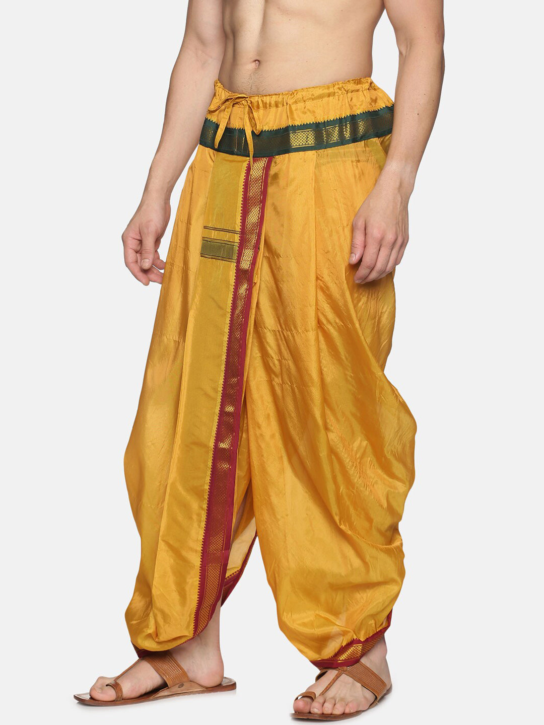 Sethukrishna Men Mustard-Yellow & Red Solid Readymade Dhoti | Swadesiicart