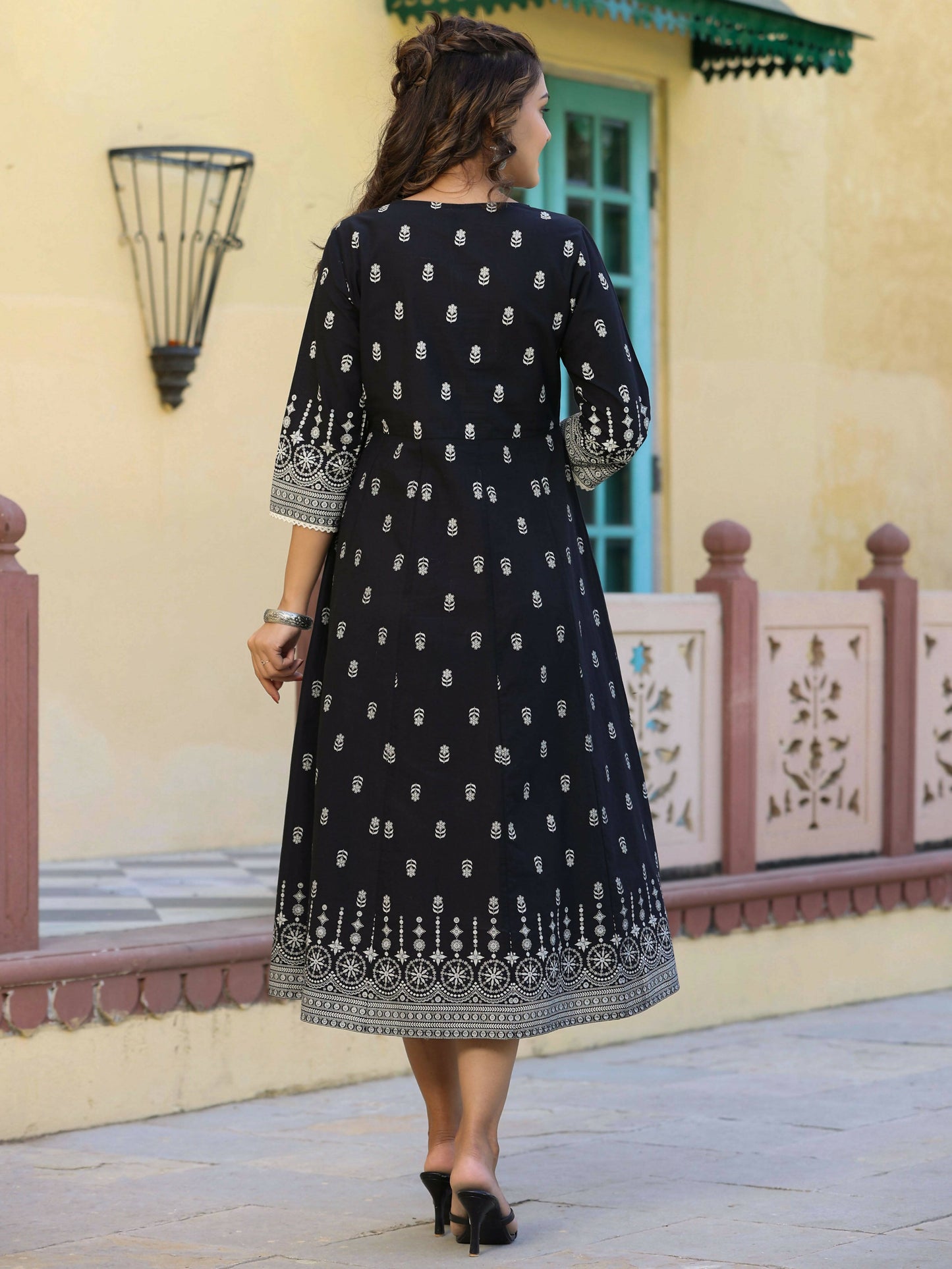 Juniper Women's Black Printed Anarkali Flared Dress | Swadesiicart