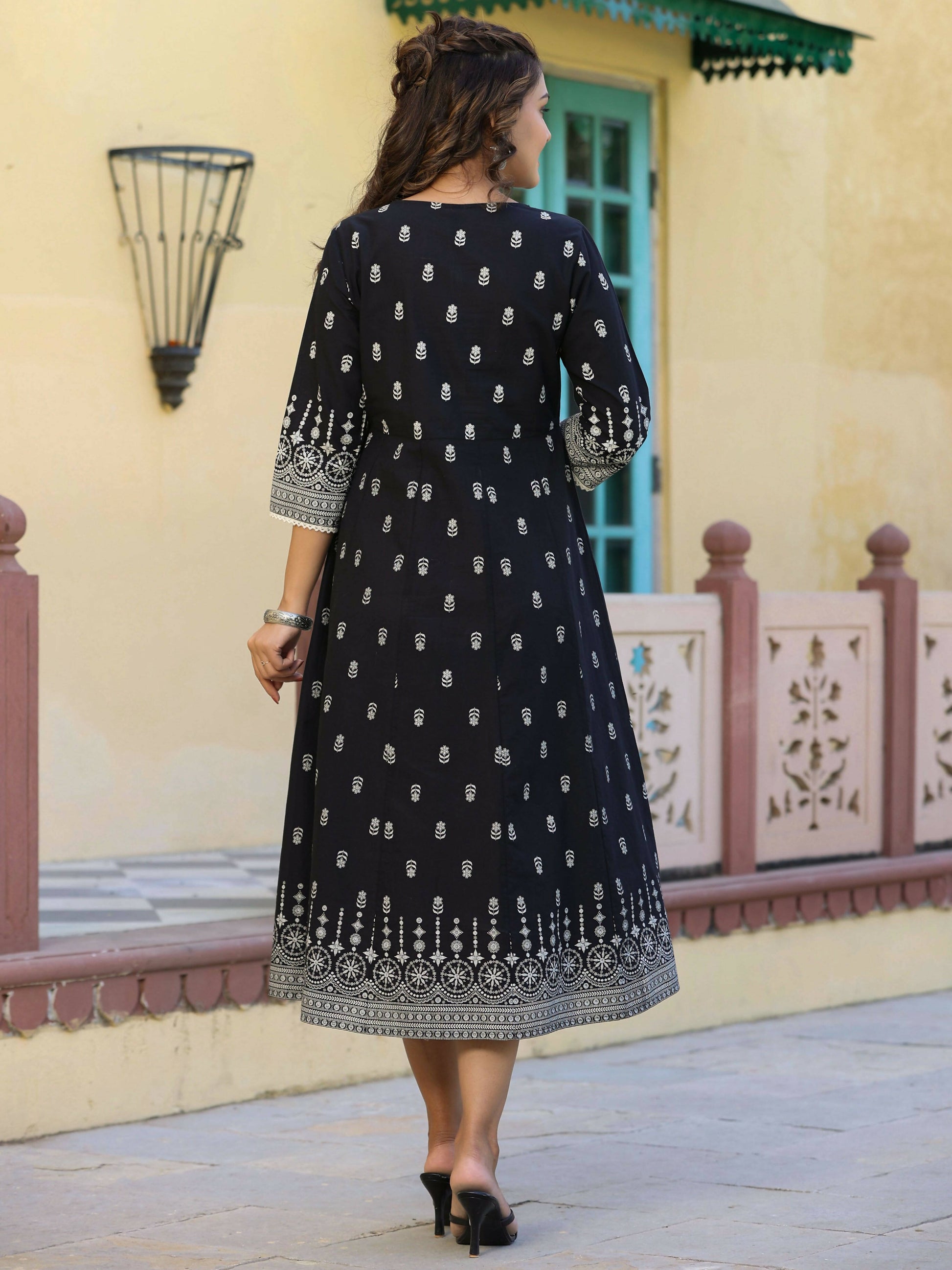 Juniper Women's Black Printed Anarkali Flared Dress | Swadesiicart