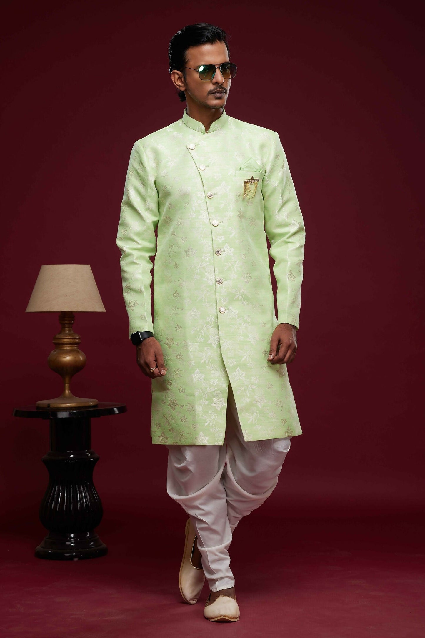 Raivat Ethnic Banarasi Jacquard Embroidery Semi Indo Western Sherwani In Pista Green Colour | Swadesiicart