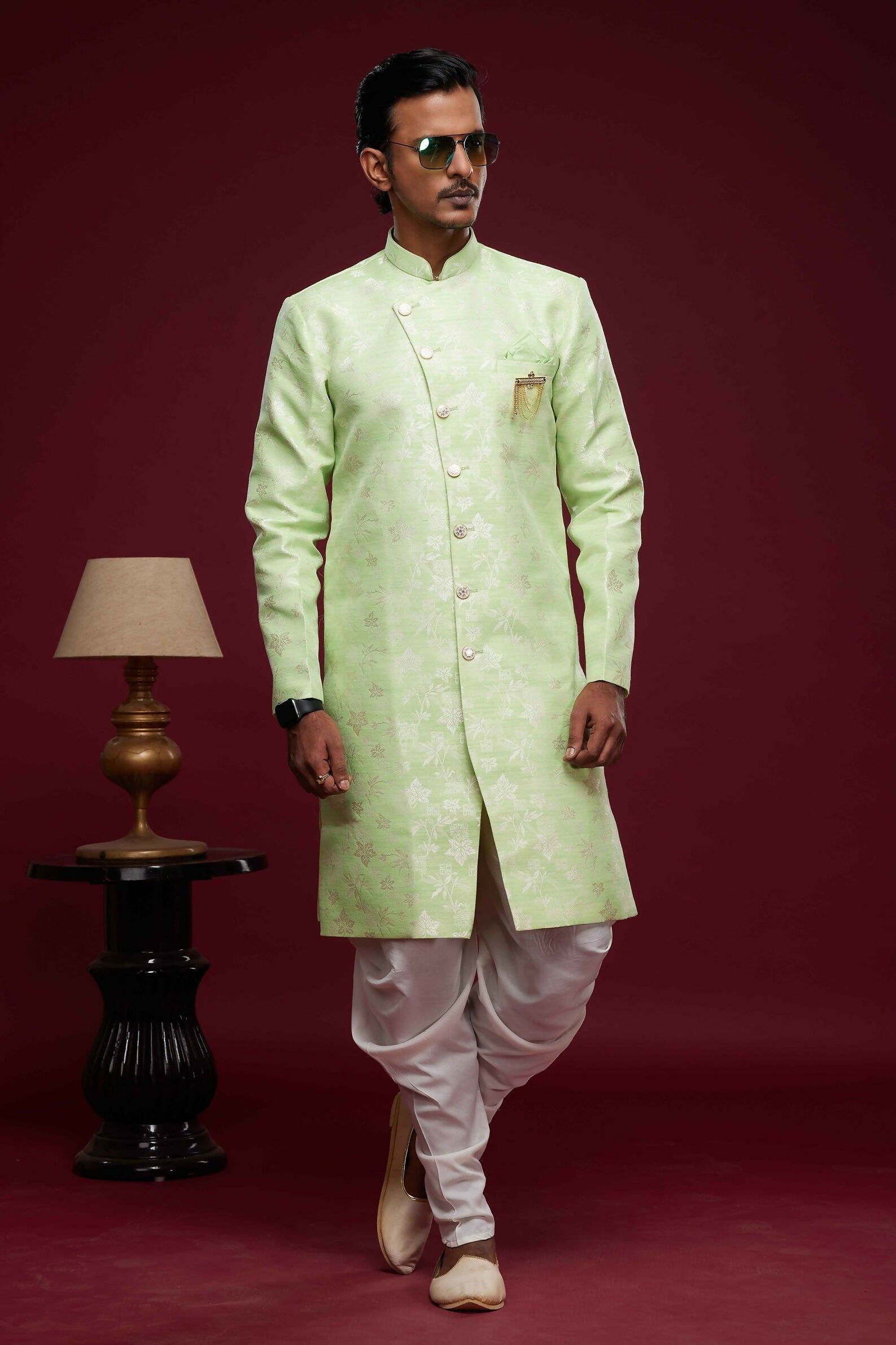 Raivat Ethnic Banarasi Jacquard Embroidery Semi Indo Western Sherwani In Pista Green Colour | Swadesiicart