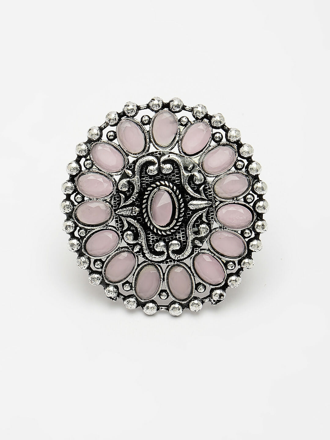 NVR Women's Pink Silver-Plated Circular Shape Adjustable Finger Ring | Swadesiicart