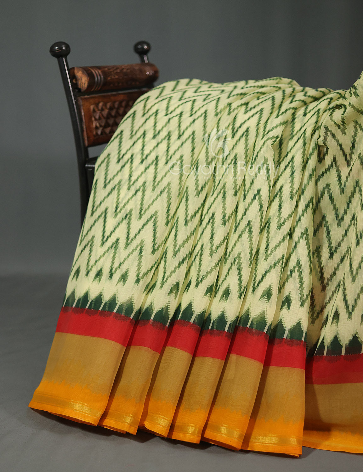 Shades of Light Apple Green And Yellow Colour Blouse Ikat Design Semi Chanderi Saree By Gayathri Reddy Designer Studio | Swadesiicart