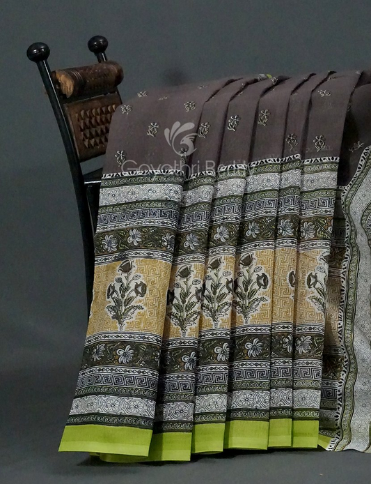 Shades of Grey With Block Print Munga Cotton Saree By Gayathri Reddy Designer Studio | Swadesiicart