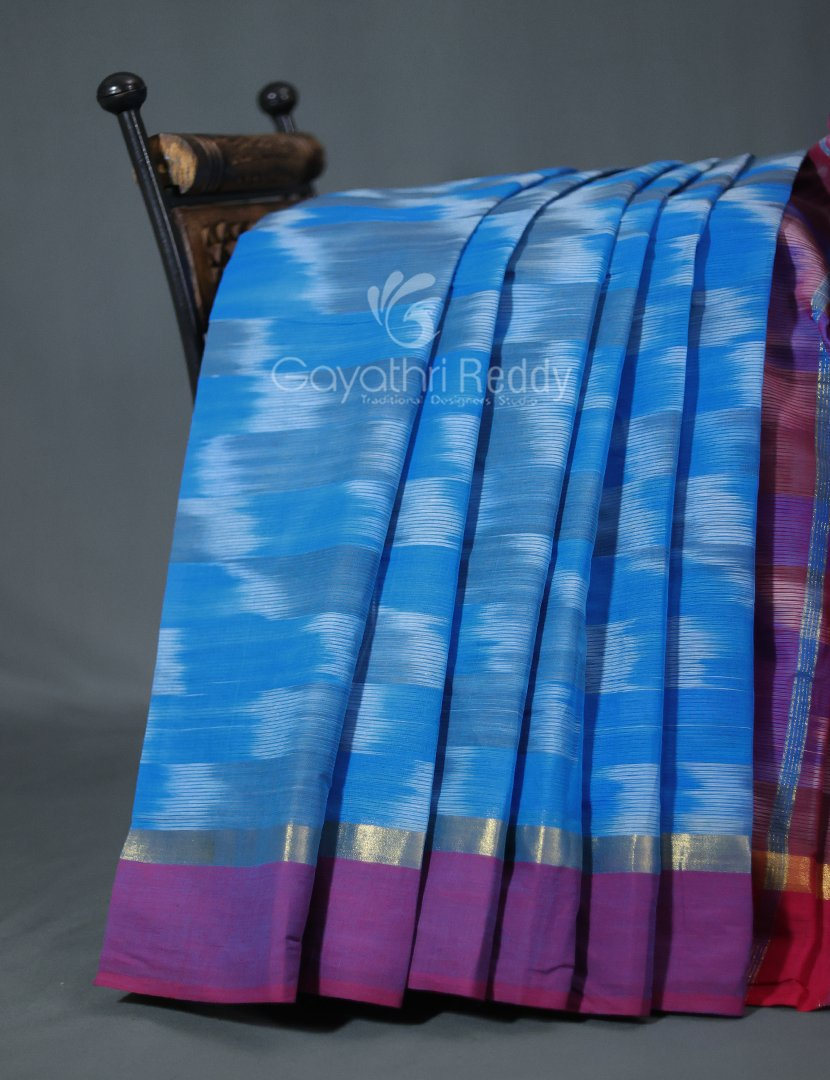 Dual Shades of Sky Blue And Maroon Mangalagiri Ikkat Cotton Saree By Gayathri Reddy Designer Studio | Swadesiicart