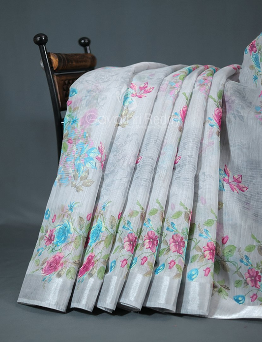 Shades of Light Grey With Floral Print Semi Chanderi Saree By Gayathri Reddy Designer Studio | Swadesiicart
