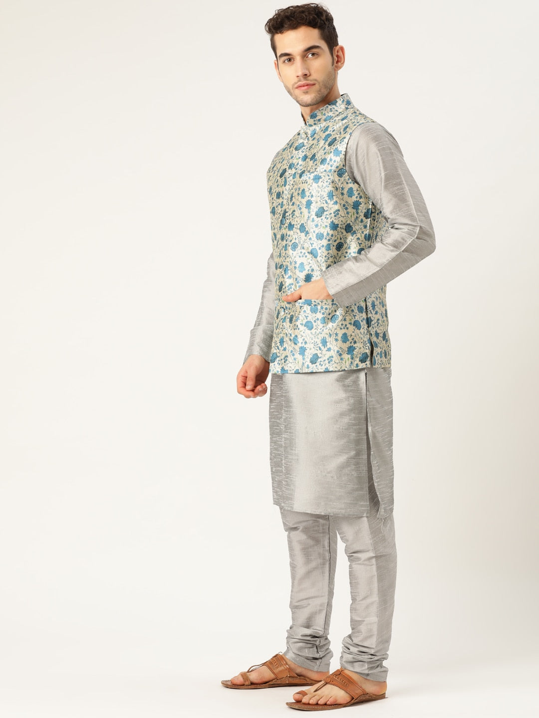 Sojanya Men Grey & Blue Solid Kurta Set with Nehru Jacket | Swadesiicart