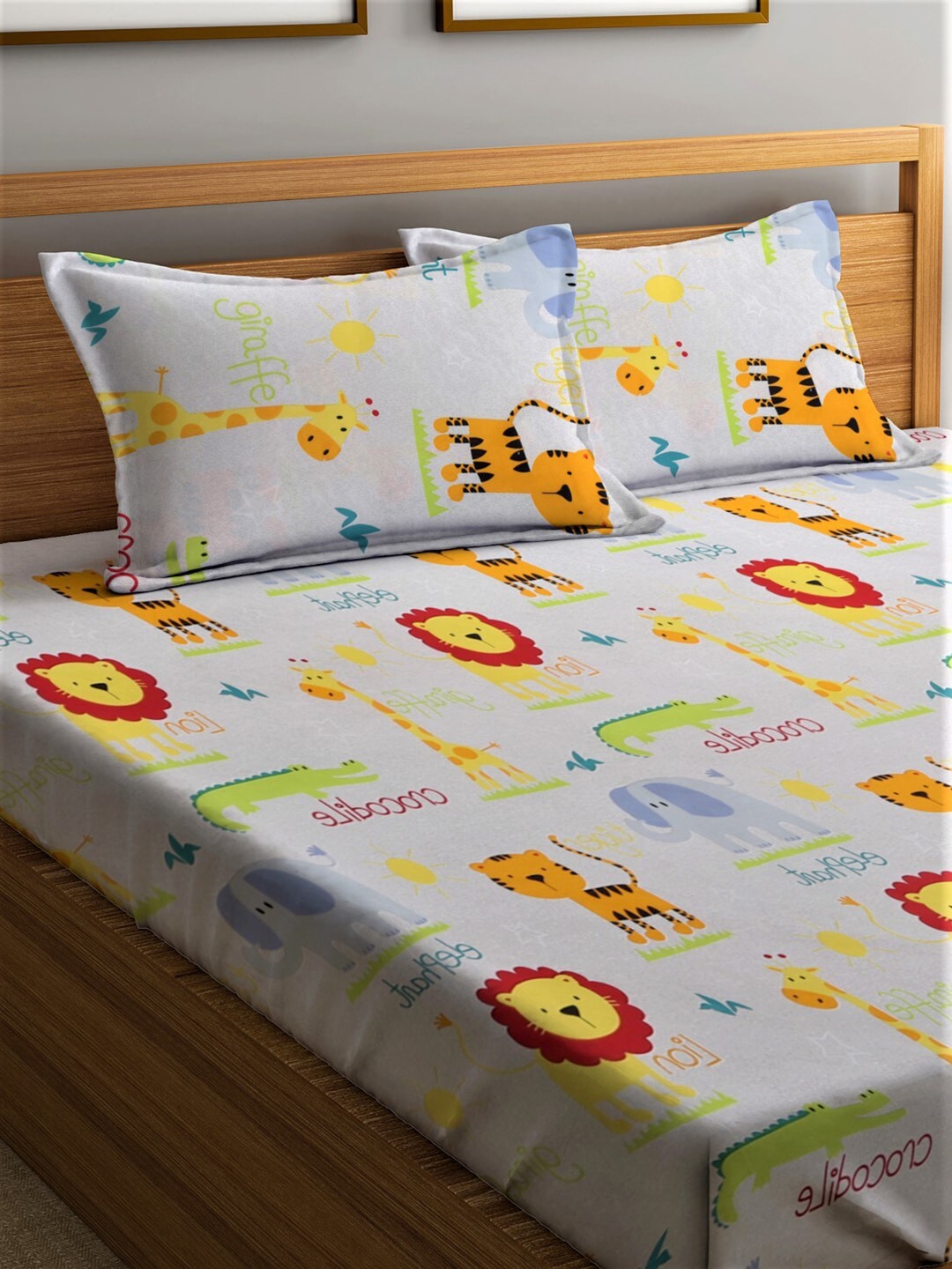 Home Sizzler White & Orange Cartoon Characters 210 TC Bedsheet with Pillow Covers - Swadesiicart