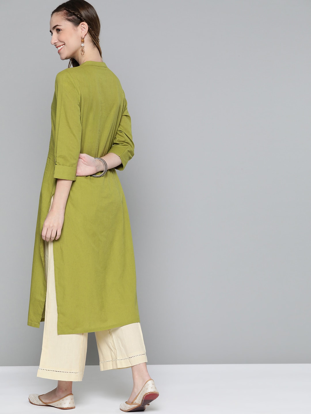 HERE&NOW Women Olive Green Solid Pure Cotton Kurta - Swadesiicart