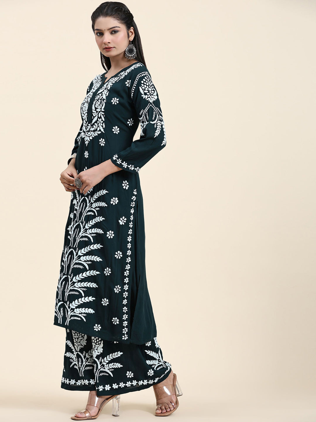 HOUSE OF KARI Floral Embroidered Chikankari Pure Cotton Straight Kurta With Palazzo | Swadesiicart