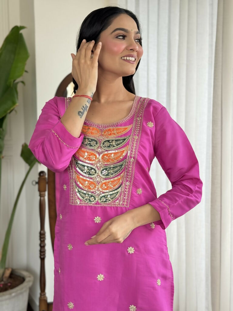 Light purple Viscose Chanderi Stitched Suit With Dupatta - Tanisha | Swadesiicart