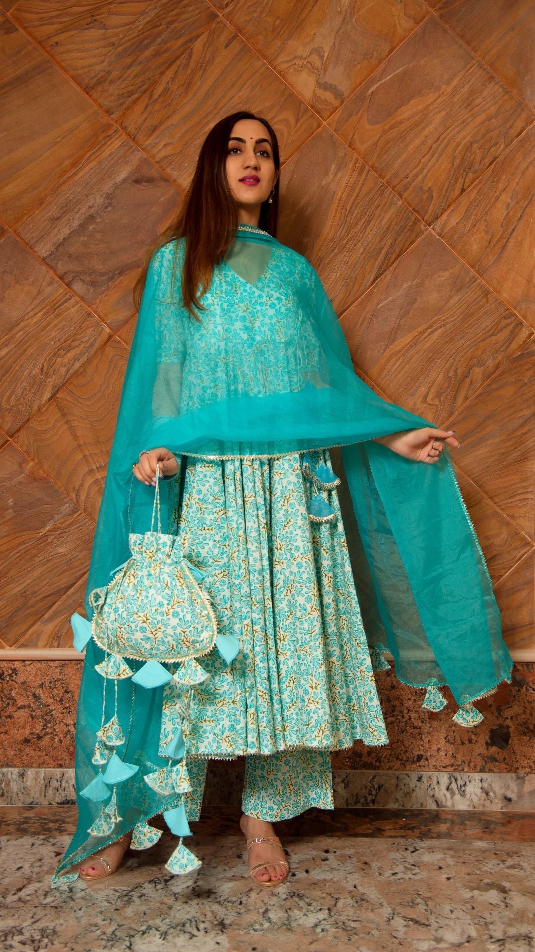 Pomcha Jaipur Noor Blue Cotton Angrakha Set | Swadesiicart