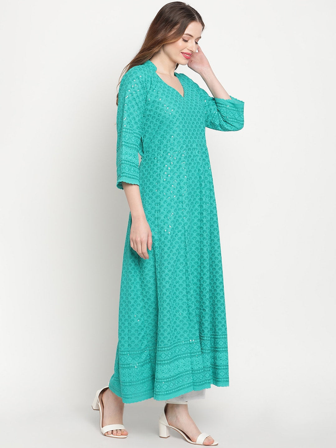 Kalini Chikankari Embroidered Pure Cotton Anarkali Kurta | Swadesiicart