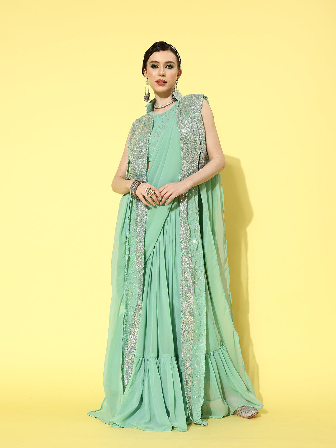 Mitera Pure Georgette Ready to Wear Saree with Shrug | Swadesiicart