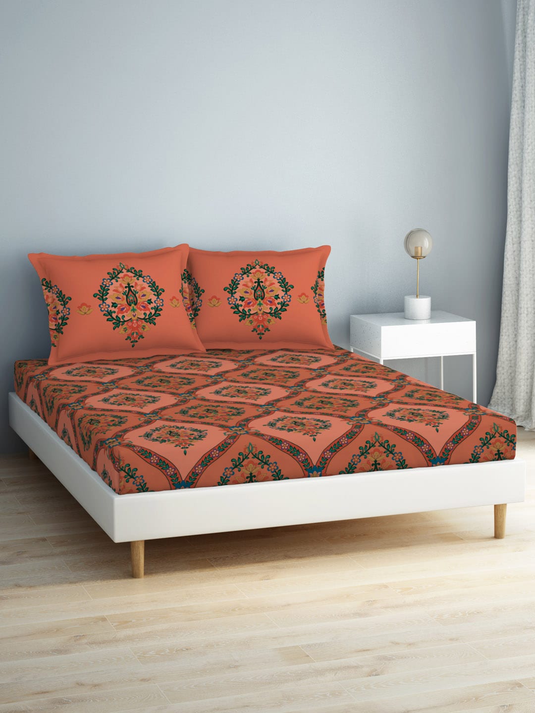 SPACES Aurum Peach Ethnic Motifs Pure Cotton 140 TC Queen Bedsheet with 2 Pillow Covers - Swadesiicart