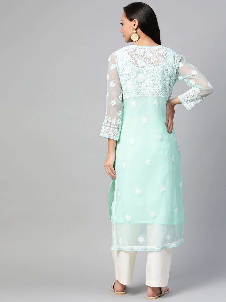 ADA Women Sea Green & White Chikankari Hand Embroidered Straight Sustainable Handloom Kurta | Swadesiicart