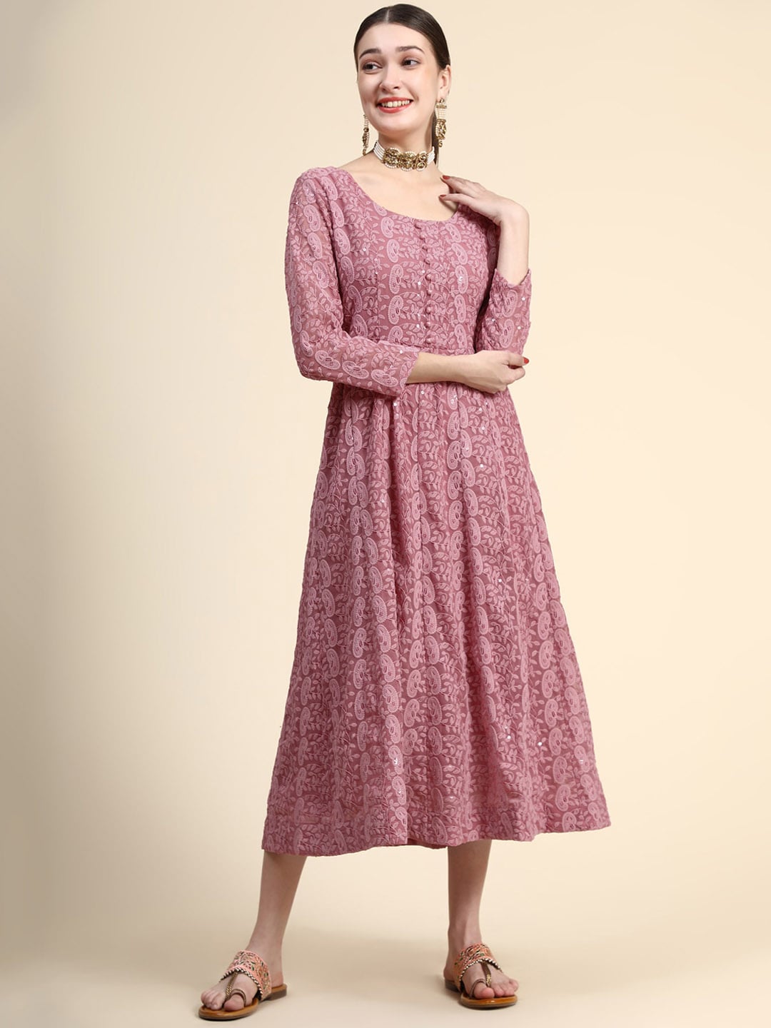 Kalini Paisley Embroidered Chikankari Georgette Anarkali Kurta With Dupatta Set | Swadesiicart