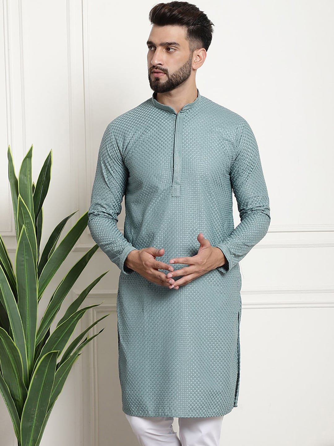 Sojanya Woven Design Mandarin Collar Straight Cotton Kurta | Swadesiicart