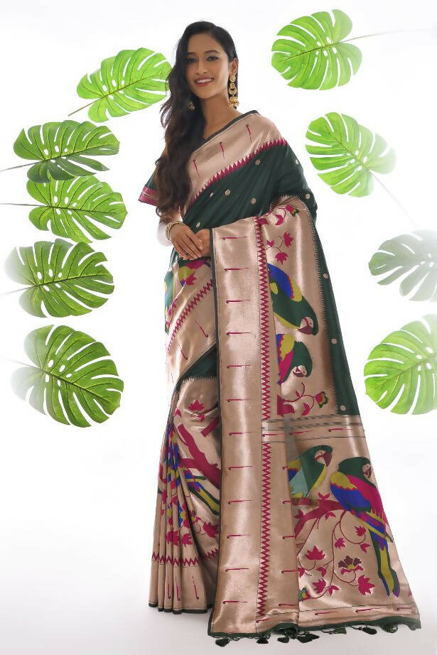 Vishnu Weaves Women's Bottle Green Paithani Silk Zari Woven Saree with Unstitched Blouse - Swadesiicart