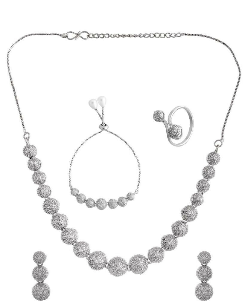 VOJ Silver Plated AD studded Necklace, Earrings With Ring And bracelet - Swadesiicart