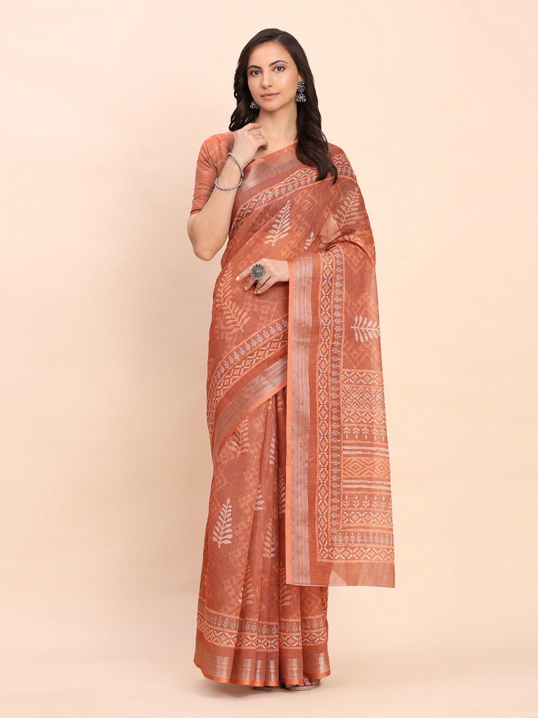 Shree Shyam Fashion Linen Cotton Rust Saree