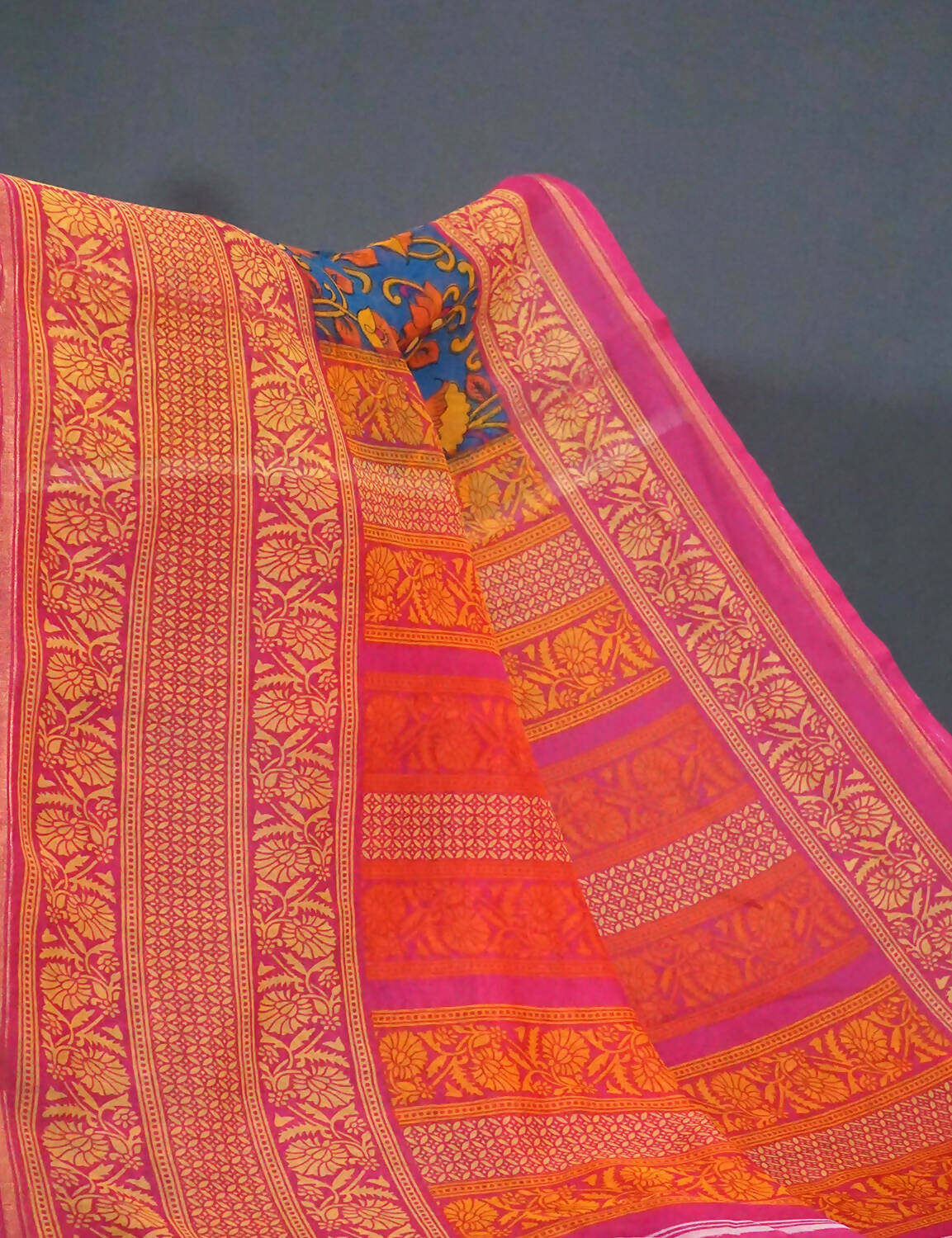 Multi Shades Of Peacock Blue Kalamkaari Design Semi Chanderi Saree With Contrast Blouse By Gayathri Reddy Designer Studio | Swadesiicart