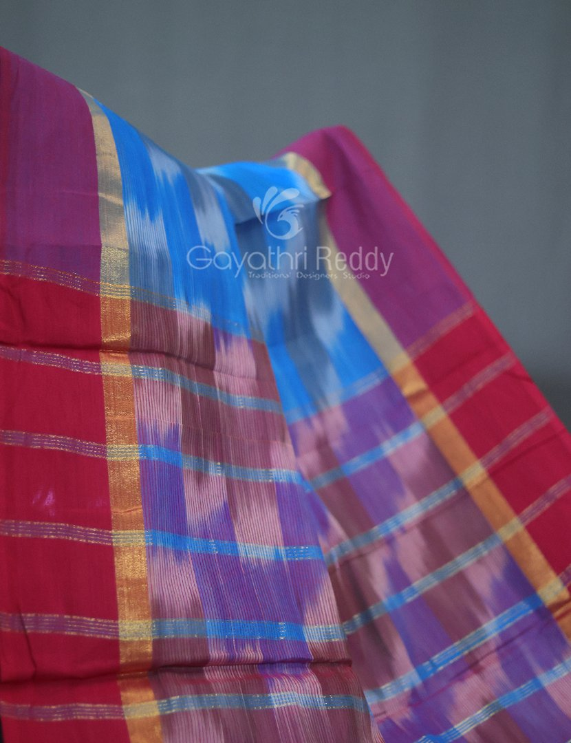 Dual Shades of Sky Blue And Maroon Mangalagiri Ikkat Cotton Saree By Gayathri Reddy Designer Studio | Swadesiicart