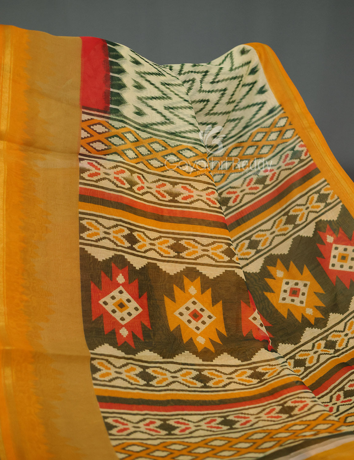 Shades of Light Apple Green And Yellow Colour Blouse Ikat Design Semi Chanderi Saree By Gayathri Reddy Designer Studio | Swadesiicart