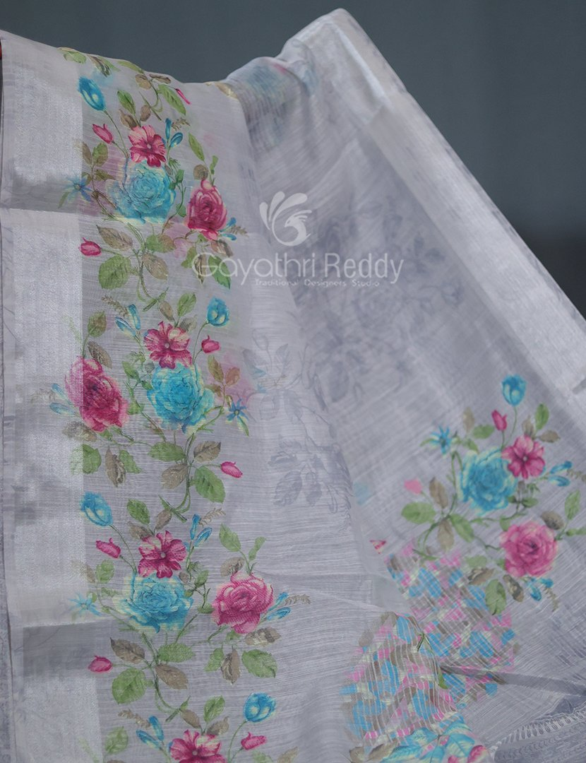 Shades of Light Grey With Floral Print Semi Chanderi Saree By Gayathri Reddy Designer Studio | Swadesiicart