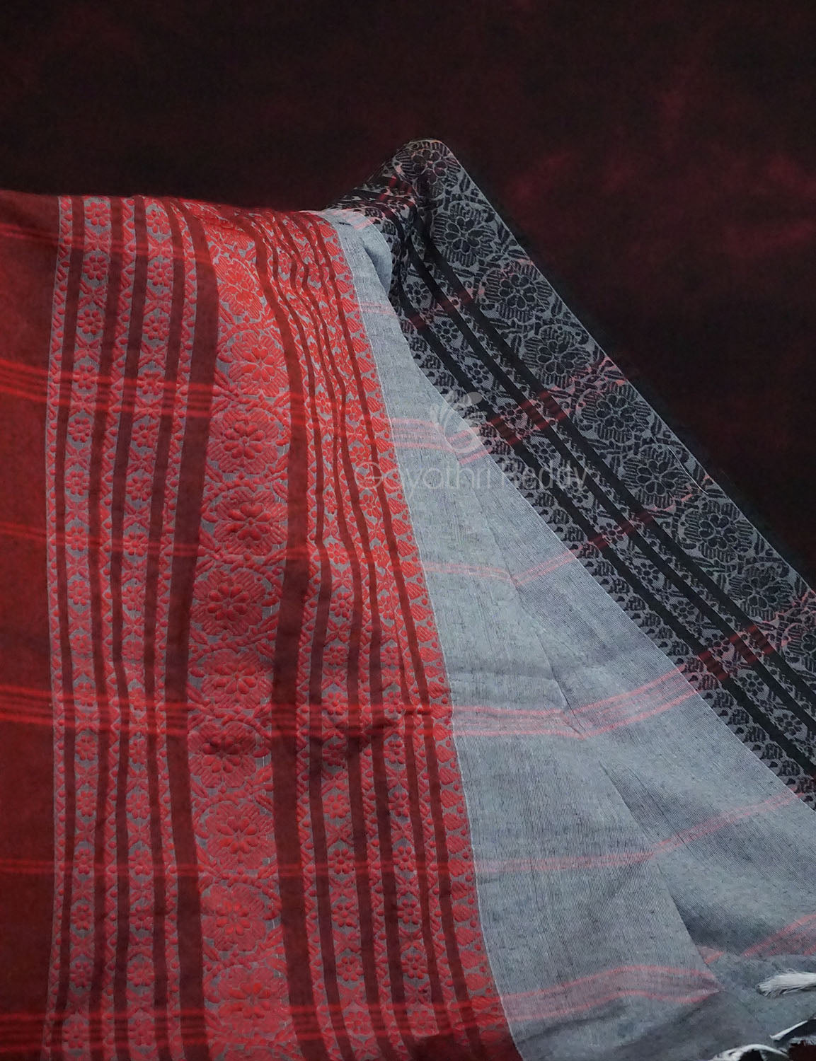 Grey Colour Contrast Thread Border Khadi Cotton Saree By Gayathri Reddy Designer Studio | Swadesiicart