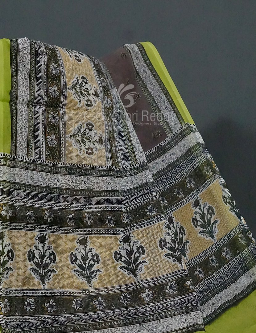 Shades of Grey With Block Print Munga Cotton Saree By Gayathri Reddy Designer Studio | Swadesiicart