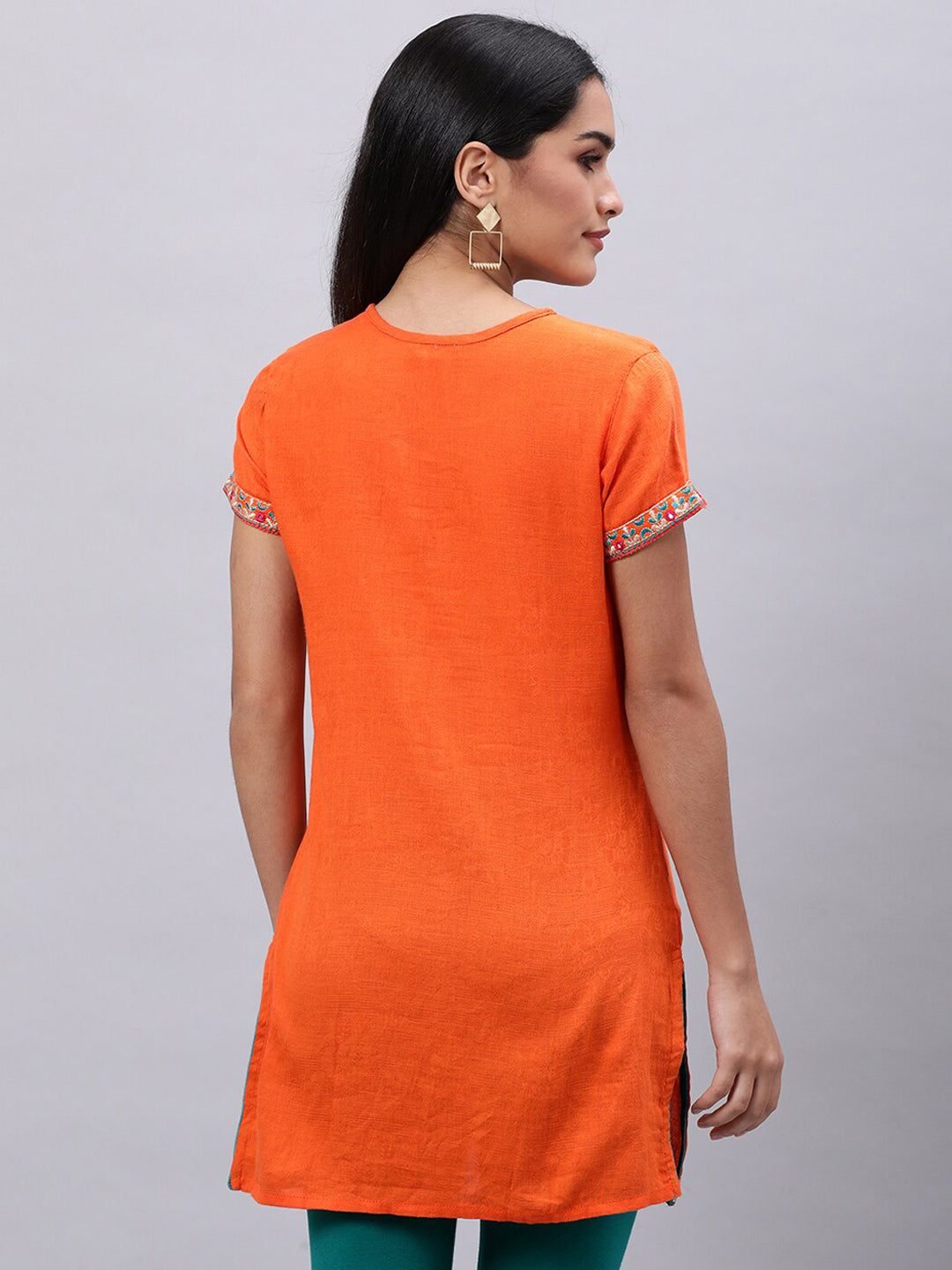 Souchii Orange Floral Embroidered Mirror Work Mirror Work Kurti - Swadesiicart