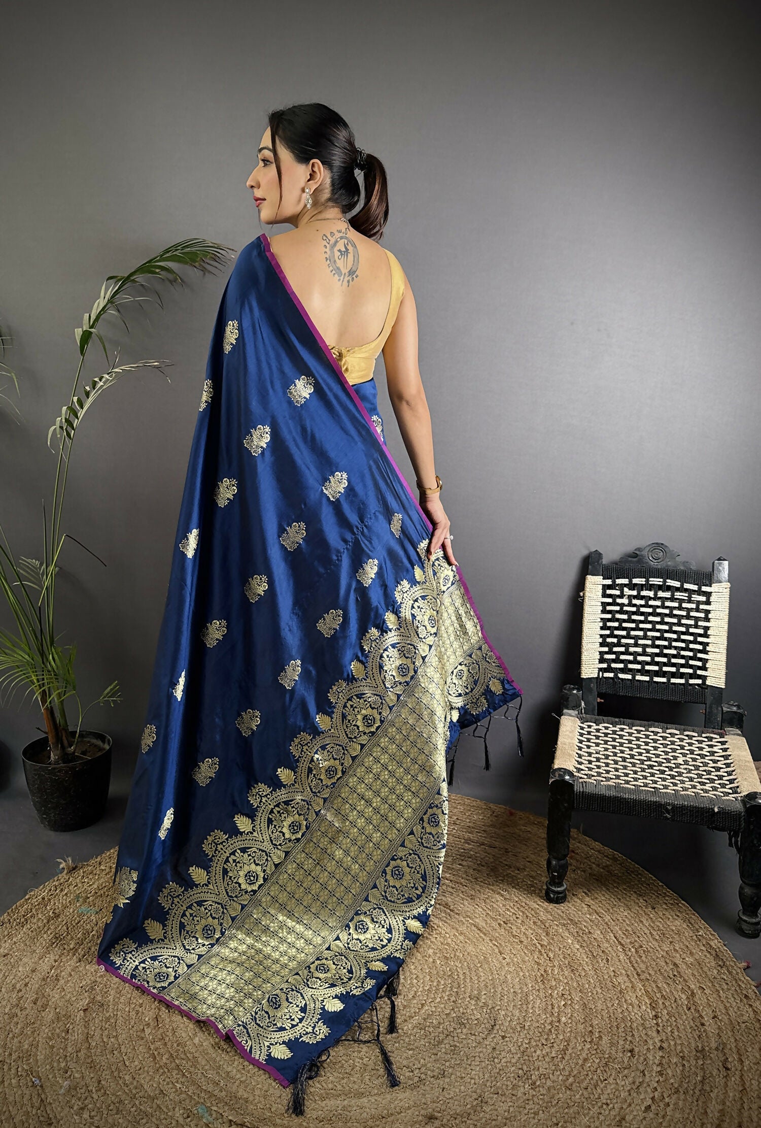 Joban Fashion Navy Blue Banarasi Lichi Silk Gold Zari Meena Saree | Swadesiicart