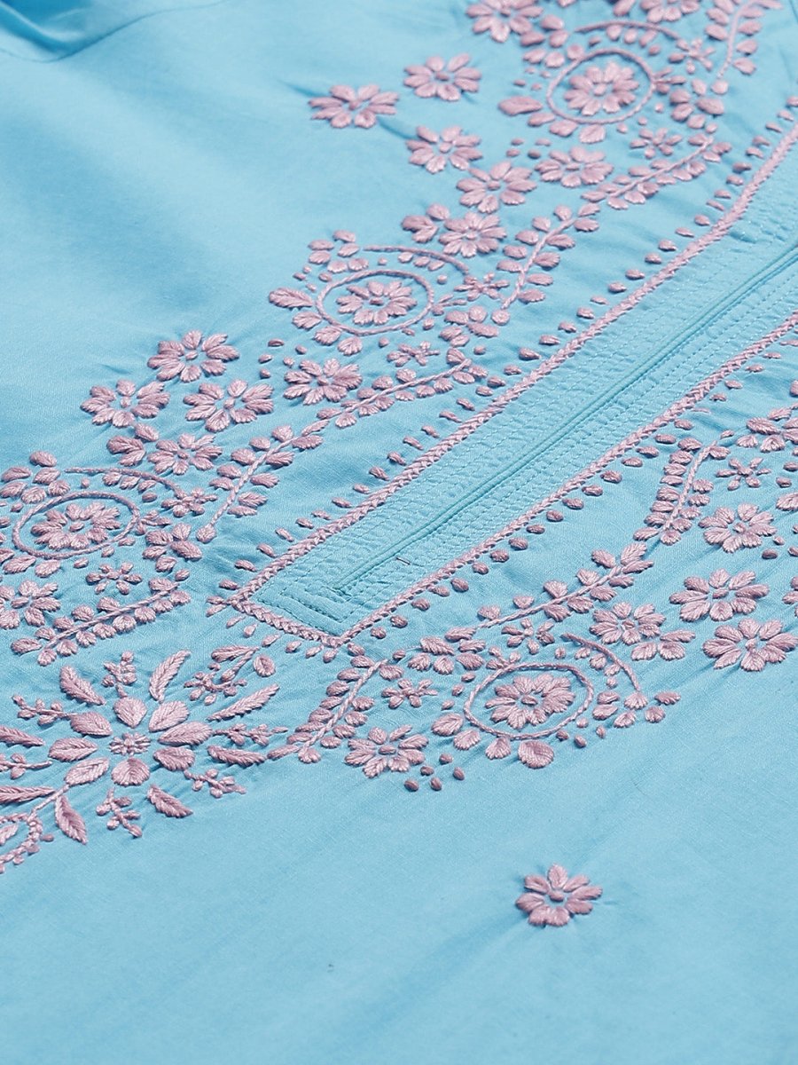 ADA Women Blue & Pink Chikankari Embroidered Sustainable Handloom Kurta with Trousers | Swadesiicart