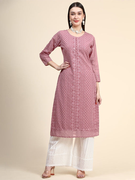 Kalini Round Neck Paisley Embroidered Chikankari Georgette Kurta | Swadesiicart