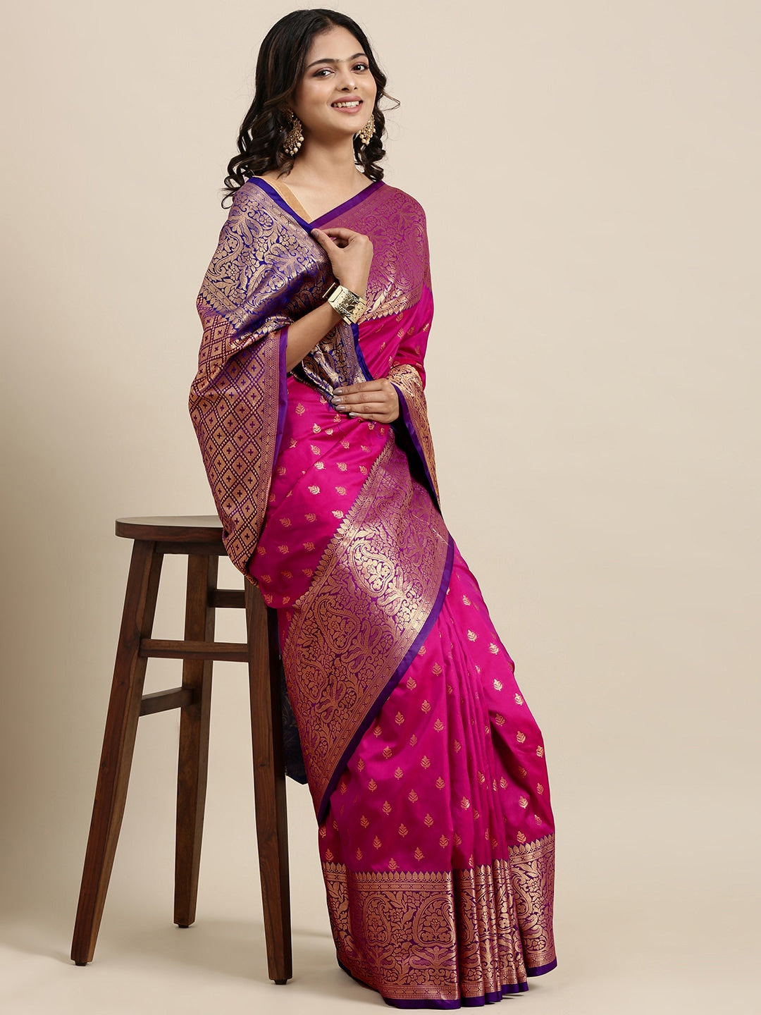 Mitera Pink & Golden Ethnic Motifs Banarasi Saree with Zari Border | Swadesiicart