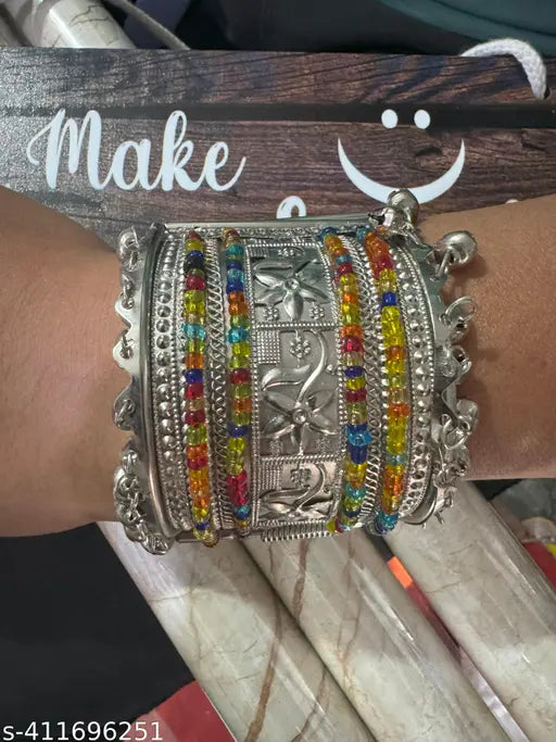 Tehzeeb Creations Women's Silver Colour Oxidised Bangle With Multi Colour Pearl - Swadesiicart