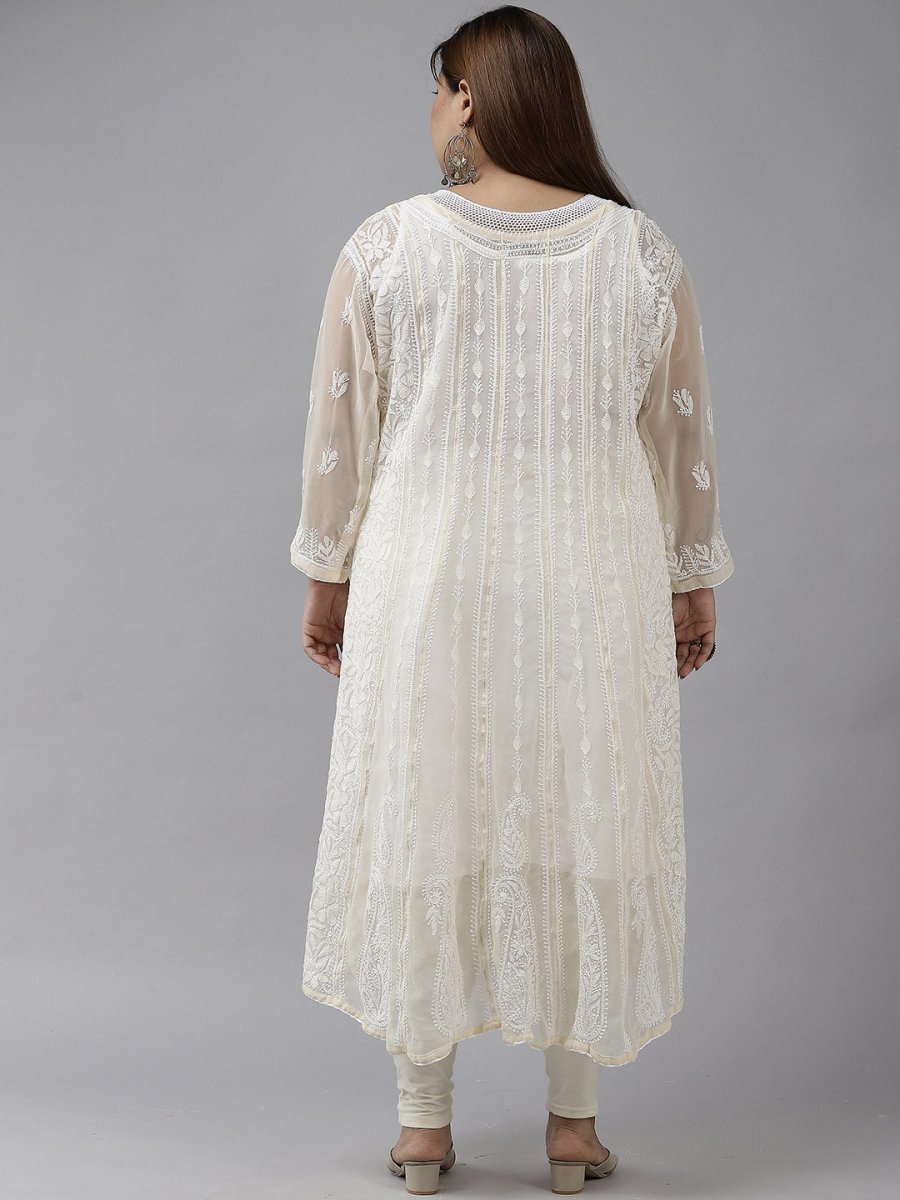 ADA Women Beige Ethnic Motifs Plus Size Chikankari Georgette Anarkali Kurta | Swadesiicart