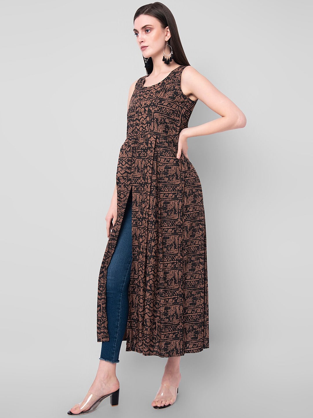 Kalini Women Brown & Black Abstract Print A-Line Kurta - Swadesiicart