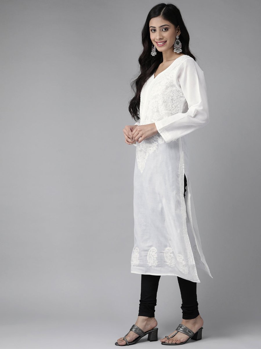 ADA Women White & Black Chikankari Embroidered Handloom Kurta with Cotton Churidar | Swadesiicart