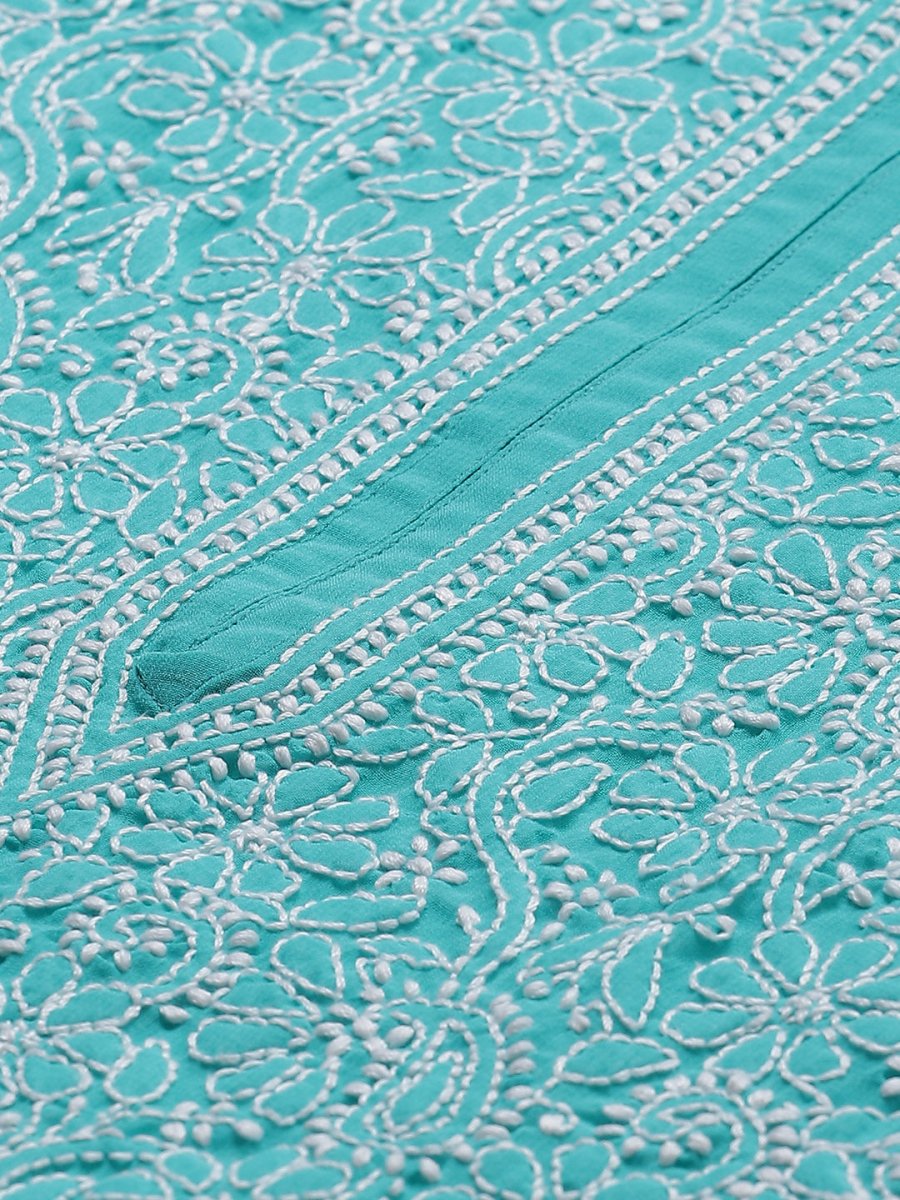 ADA Women Sea Green & White Floral Chikankari Embroidered Straight Sustainable Handloom Kurta | Swadesiicart