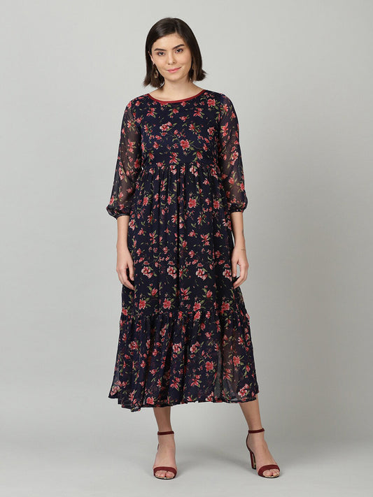 Souchii Women Navy Blue & Red Floral Chiffon A-Line Tiered Dress - SOUCHII